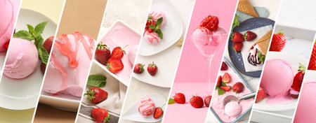 Collage of photos with tasty strawberry ice creamの写真素材