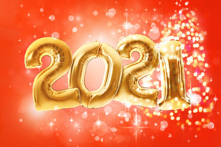 Figure 2021 made of balloons on color backgroundの写真素材