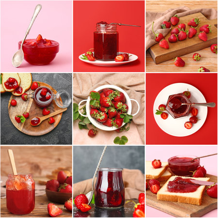 Collage of photos with tasty strawberry jamの写真素材