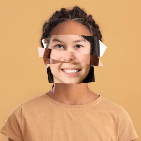 Portrait made of different parts of people faces on color background. Stop racism
