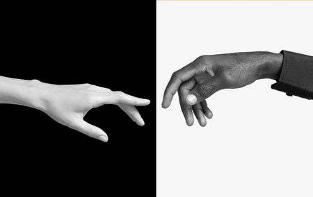 Hands of Caucasian and African-American people on black and white background. Stop racism