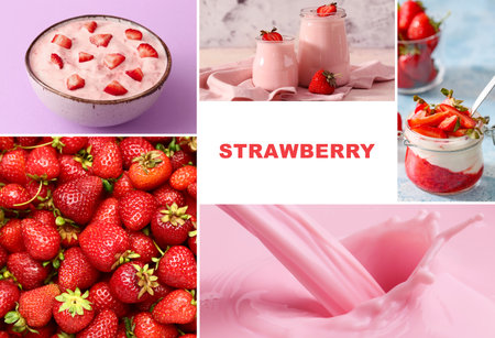 Collage of photos with tasty strawberry yogurtの写真素材