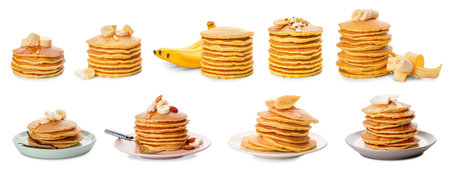 Delicious banana pancakes on white backgroundの写真素材