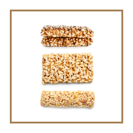 Crispy rice bars on white backgroundの写真素材