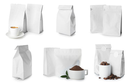 Collage with paper bags for coffee on white backgroundの写真素材