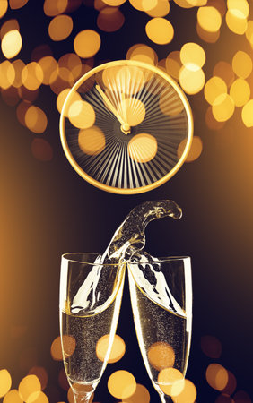 Clinking glasses of tasty champagne and clock on dark background with blurred lightsの写真素材