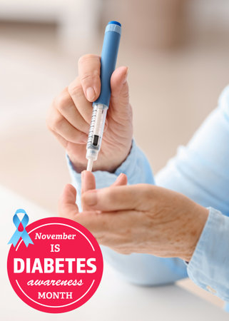 Diabetic senior woman measuring blood sugar level at home. World Diabetes monthの写真素材