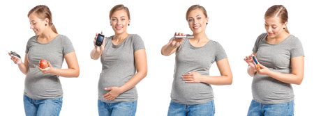 Collage of pregnant diabetic woman on white backgroundの写真素材
