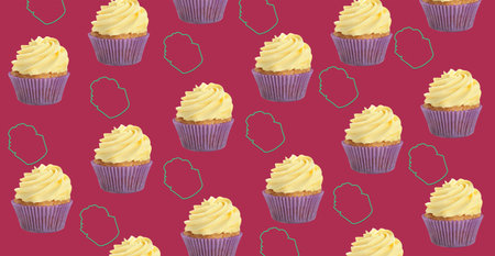 Many lemon cupcakes on color background