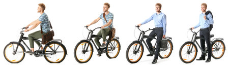 Collage with young man riding bicycle against white background