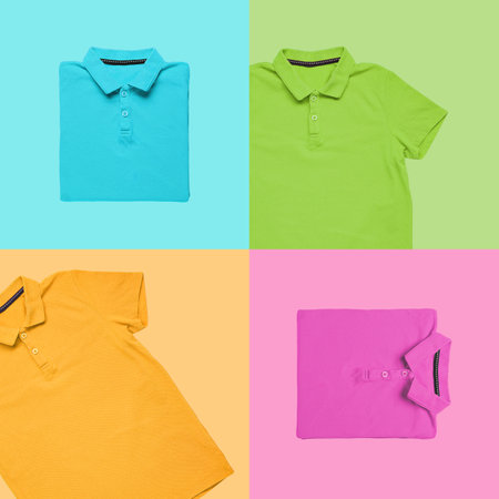 Different blank polo shirts on color backgroundの写真素材