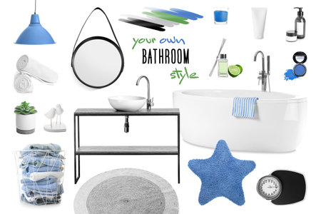 Collage with different elements of modern bathroom interior on white backgroundの写真素材