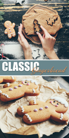Collage with woman cooking tasty Christmas cookies on table