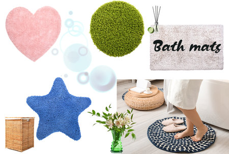 Collage with different stylish mats for bathroom on white backgroundの写真素材