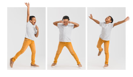 Collage with litlle African-American boy dancing against white background