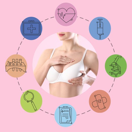 Collage with young woman checking her breast on color background. Health care conceptの写真素材