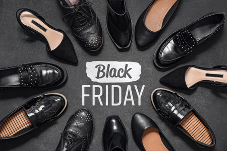 Female shoes and text "Black Friday" on dark backgroundの写真素材