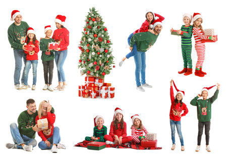 Collage with different people celebrating Christmas on white backgroundの写真素材
