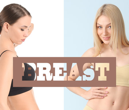 Beautiful young women in underwear and word BREASTの写真素材