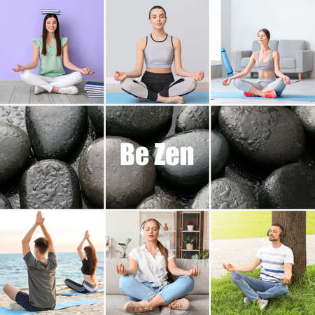 Collage of photos with meditating people. Zen conceptの写真素材