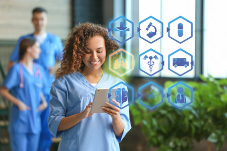 Female African-American doctor using tablet computer in clinic. Concept of modern technologies in medicineの写真素材