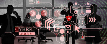 Interface of security system software and silhouettes of business people in office