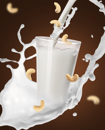Glass of cashew milk with splashes on dark color backgroundの写真素材