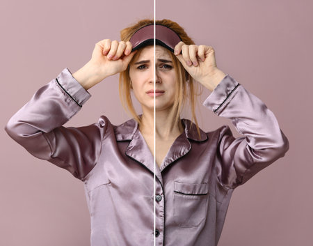 Comparative portrait of woman with and without sleep deprivation problem on color backgroundの写真素材