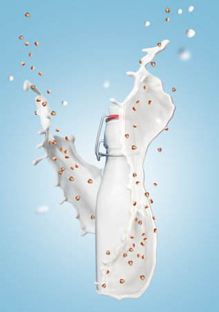 Bottle of buckwheat milk with splashes on color backgroundの写真素材