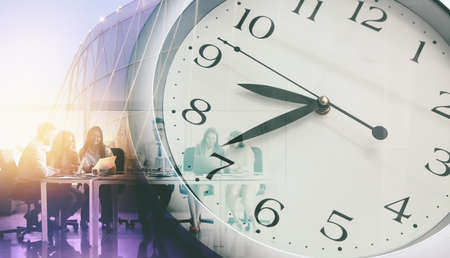 Triple exposure of clock, modern building and people having business meeting. Concept of time...
