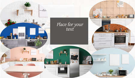 Different interiors of stylish modern kitchen with place for textの写真素材
