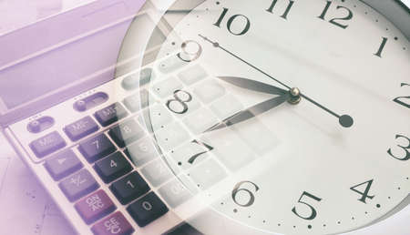 Double exposure of clock and calculator. Time is money