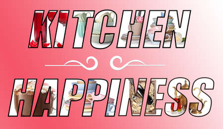 Text KITCHEN HAPPINESS on color backgroundの写真素材