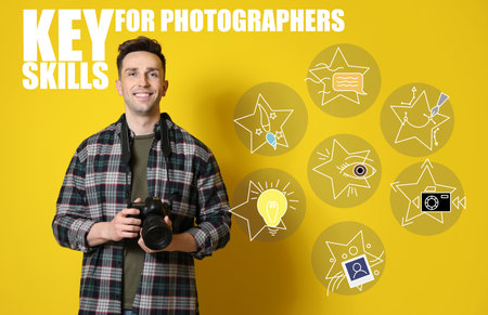 Young man with camera and key skills of photographer on color background