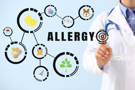 Allergy specialist using virtual screen on color backgroundの写真素材