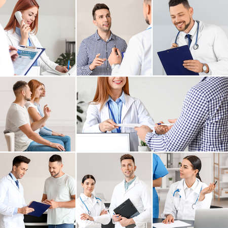 Collage of photos with doctors and patients in modern clinicの写真素材