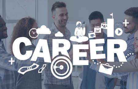 Group of people putting hands together indoors. Concept of career growthの写真素材