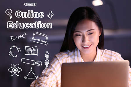 Text Online education and young Asian student with laptop learning at home