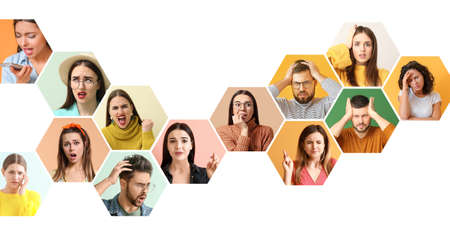 Collage of different stressed people on white backgroundの写真素材