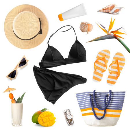 Collage of female beach accessories on white backgroundの写真素材