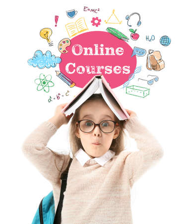 Text Online Courses and surprised little schoolgirl on white background