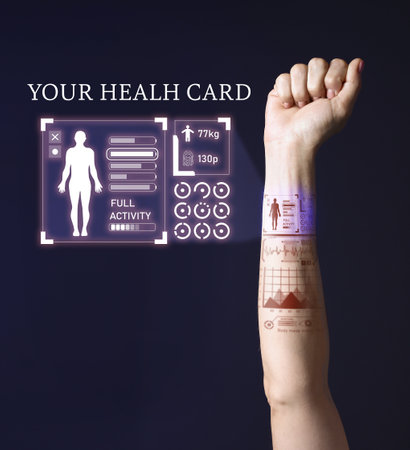 Hologram projection of health card on dark background. Innovative technologies in medicineの写真素材