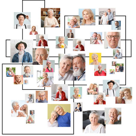 Collage of different elderly people on white background