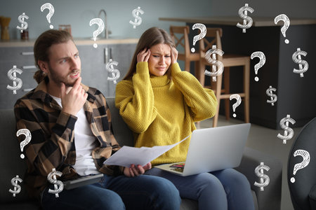 Worried young couple in debt at homeの写真素材