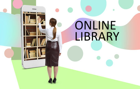 Woman near shelves with books on screen of mobile phone. Concept of online libraryの写真素材