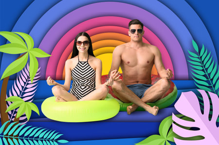 Meditating young couple with inflatable rings swimming in drawn sea