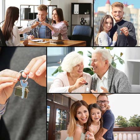 Collage of happy people with keys from new houseの写真素材