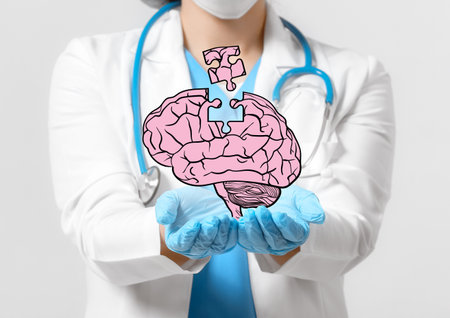 Female doctor with holographic projection of human brain on light background. Innovative...