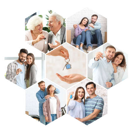 Collage of happy people with keys from new house and carの写真素材