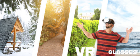 Collage with different landscapes and young man using VR glassesの写真素材